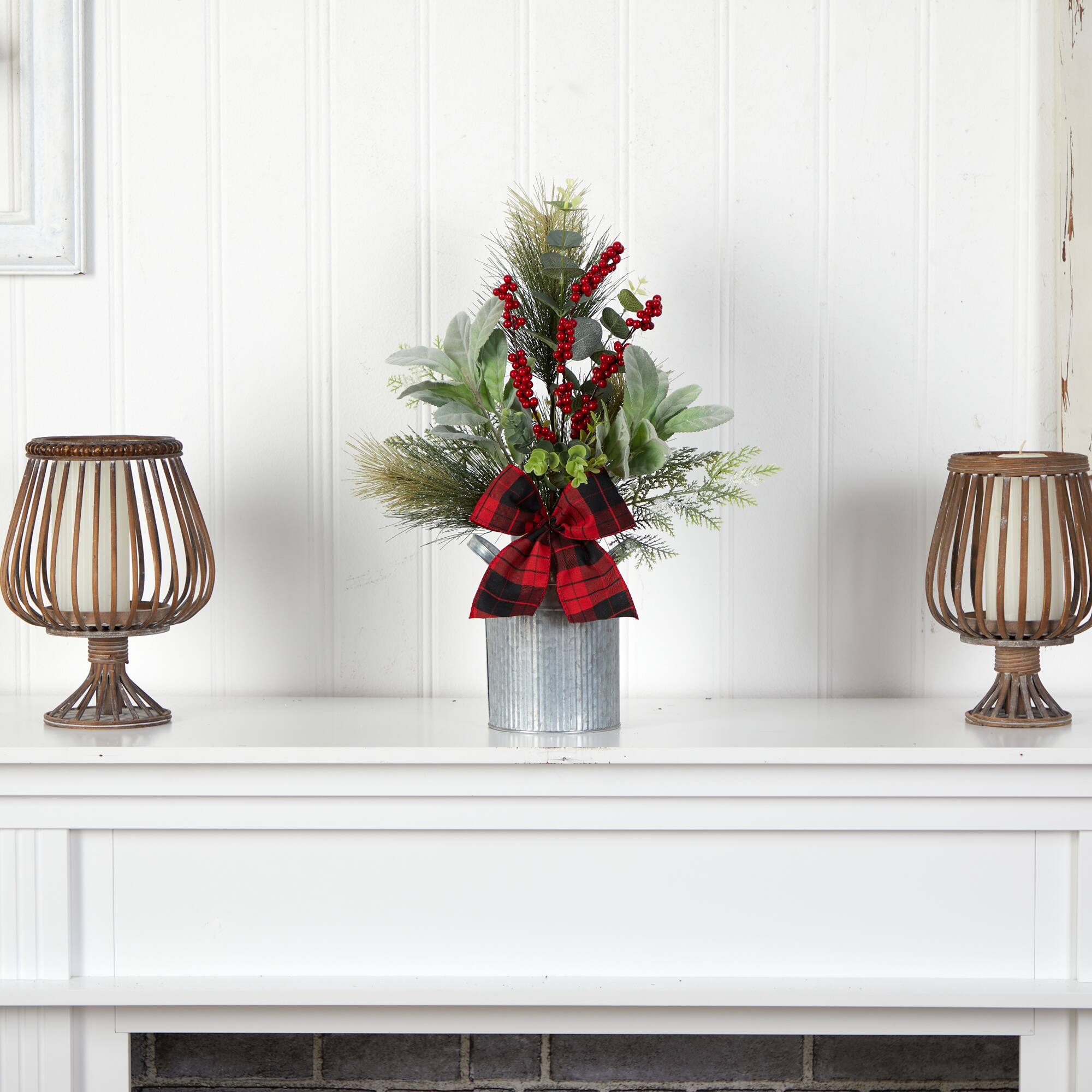 20" Holiday Winter Greenery, Pinecone & Berries with Bow Arrangement